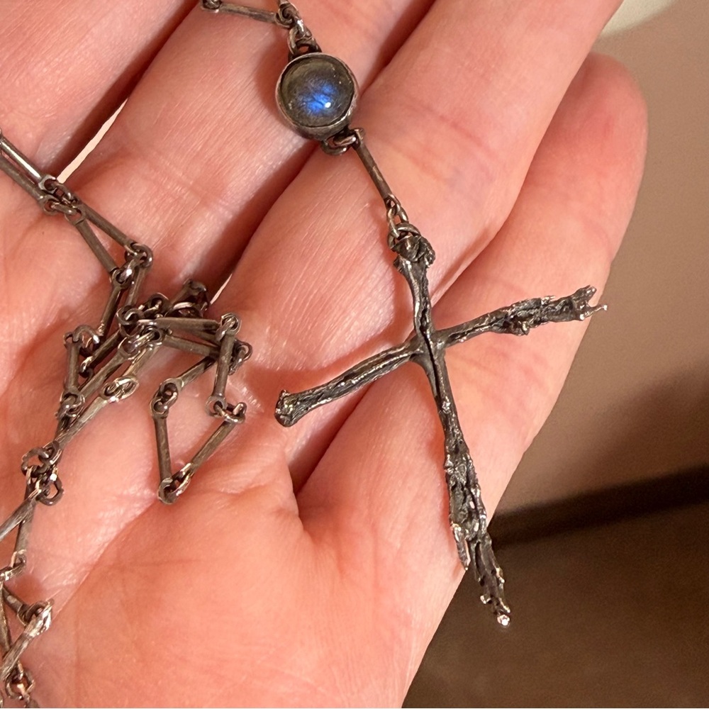 Vintage sterling silver Modernist labradorite Brutalist Cross Bar Chain Necklace